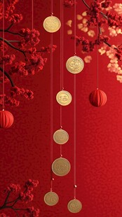中国红金币与梅花图案的新年装饰