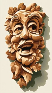 木雕人脸与树叶