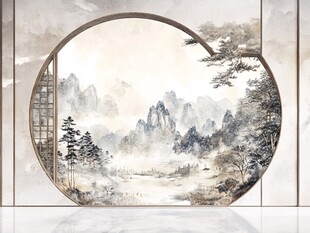 中国风山水画圆形门洞