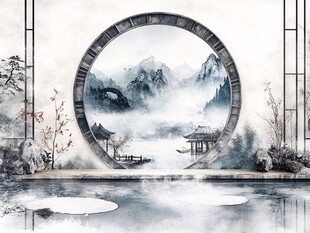 中国风山水画圆形门户