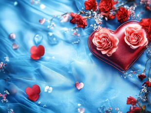 浪漫蓝色背景下的爱心与花朵