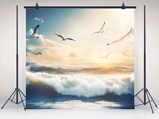 海鸥飞翔与海浪拍打