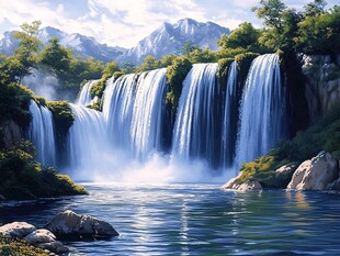 壮观瀑布与山脉的风景画