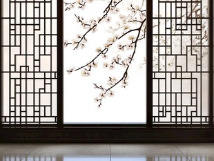 春日里 白墙黑格 花朵映照