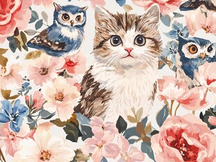 猫头鹰与花卉的宁静画面