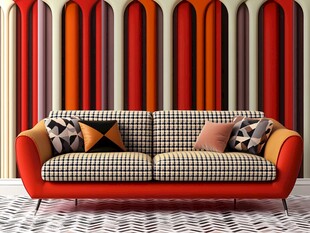 现代风格室内设计 红色和米色家具与条纹墙壁相结合