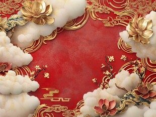 红色云朵上的金色花朵