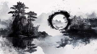 山水墨画中的圆形门户