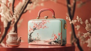 复古风格手提包 梅花图案 红色手柄 圆形桌子 陶瓷茶具