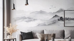 现代简约风格的客厅 墙面装饰有抽象的山水画