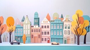 城市纸艺建筑与秋树