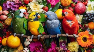 五彩斑斓的鸟儿与水果和花卉的盛宴