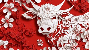 红白花卉牛剪纸艺术