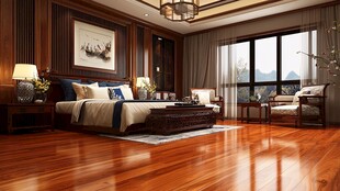 豪华卧室 木地板 舒适床铺 传统家具 艺术画作 落地窗 自然光线 宁静氛围