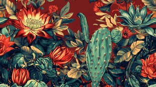 仙人掌与热带花卉的复古图案