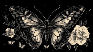 黑白蝴蝶与花卉的复古插画