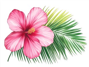 粉红木槿与绿叶的艺术渲染