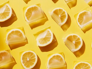 鲜亮柠檬切片在黄色背景上的创意排列