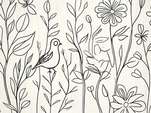 黑白花卉与鸟类的宁静画面