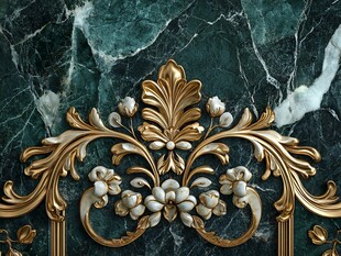 金色巴洛克风格装饰在绿色大理石背景上