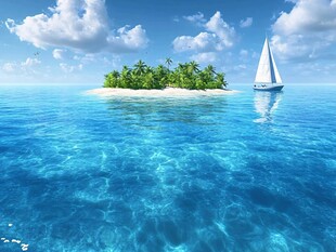清澈蓝海中的孤岛与帆船