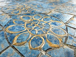 蓝色瓷砖上的金色花纹