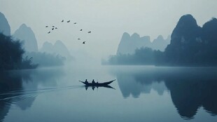 雾里看山水 渔人孤舟行