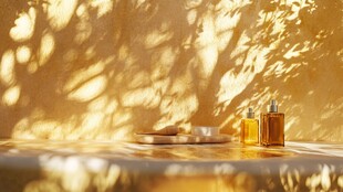 温暖的光影下的美丽护肤品展示