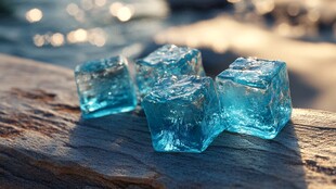 半透明蓝色冰块在木头上