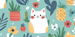 可爱猫咪与热带水果和谐共处的图案