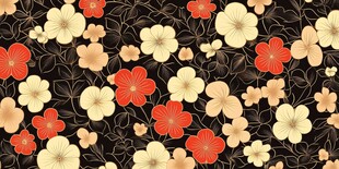 黑色背景红白花卉图案