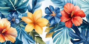 热带花卉与绿叶的绘画作品