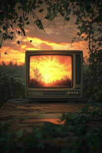 夕阳映照下的复古电视