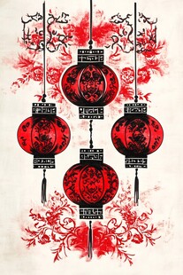 红色中国灯笼与花卉图案