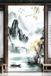 山水画中的小船与秋景