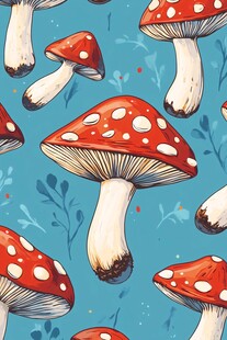 鲜艳的红色蘑菇与植物图案的无缝设计