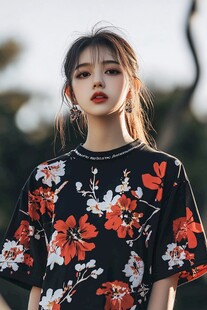 黑色花纹上衣的年轻女子