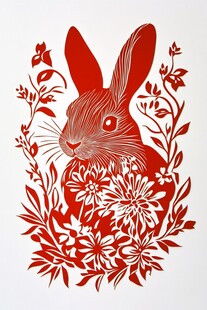 红色剪纸兔子与花卉剪影
