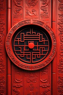 红墙上的圆形雕刻