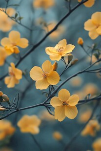 金黄色的花朵在深蓝的背景下绽放