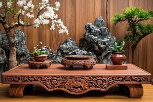 木制雕刻桌子与盆景的和谐展示