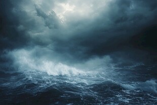 汹涌的海浪与阴暗的天空