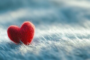 毛线编织的心形 安放在柔软的白色背景上