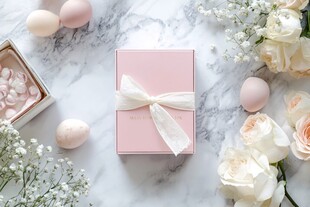 粉色礼盒与花卉的优雅布置