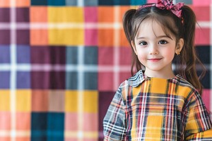 多彩格子背景下的快乐童年