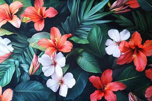 热带花卉与绿叶的绚丽盛宴