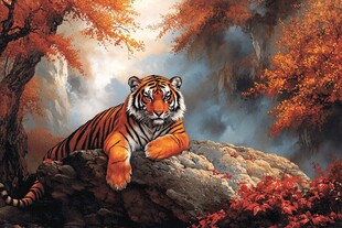 秋日老虎 岩石之上