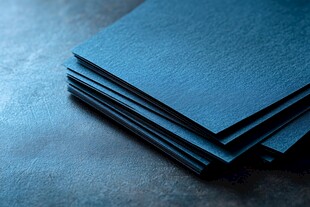 蓝色纸张堆叠在深色表面上