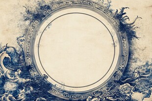 复古圆形框架与青花瓷图案