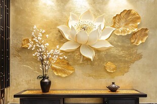 金色背景下的白色莲花与枝叶